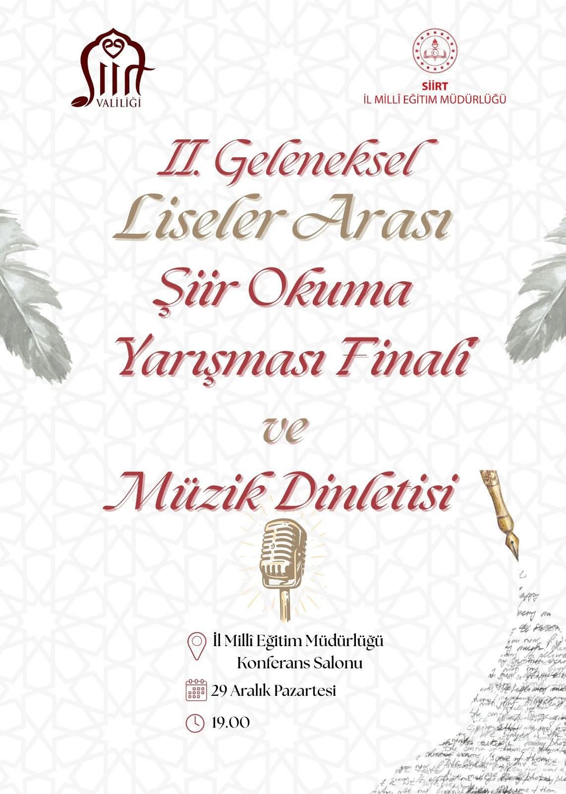 Siirt’te Liseler Arası Şiir Okuma Yarışması Finali ve Müzik Dinletisi Düzenlenecek