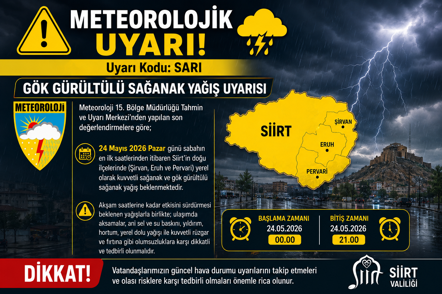 Siirt İçin Sarı Kodlu Meteorolojik Uyarı: Kuvvetli Sağanak ve Fırtınaya Dikkat
